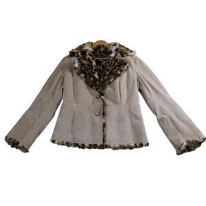 Suede Jacket Leopard Faux Fur Trim Collar Cuffs Button‎ Front Coat Sz M Y2K Chic